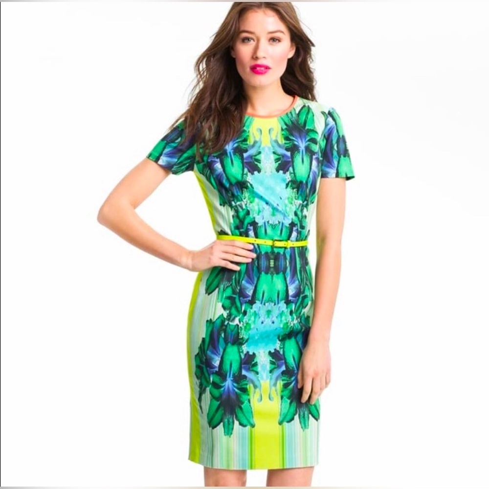 NWOT Elie Tahari Angie Mirror Orchid sheath green lime floral midi dress BELT 4